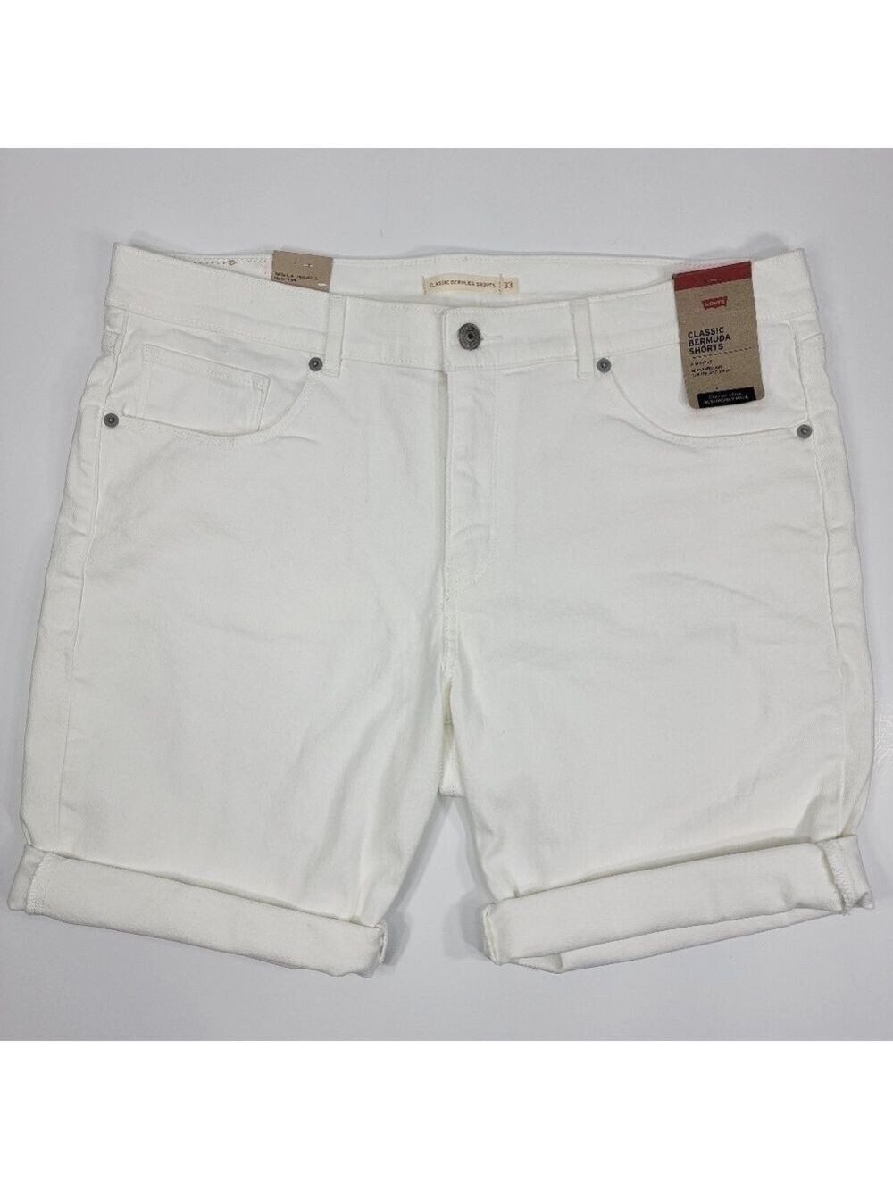 NWT Levi's Classic Bermuda Denim Cuffed White Jean Shorts Womens Size 33 Stretch